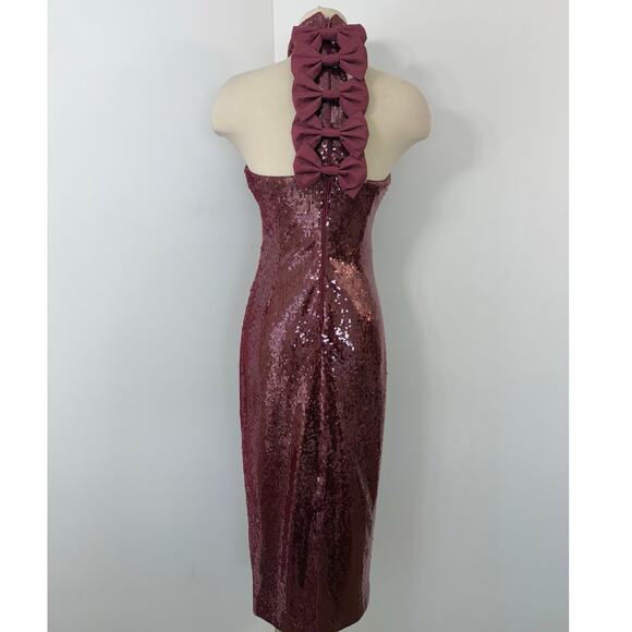 Rebecca Vallance Zelda Bow-Detailed Sequined Midi Dress Red US 4 - Picture 5 of 13